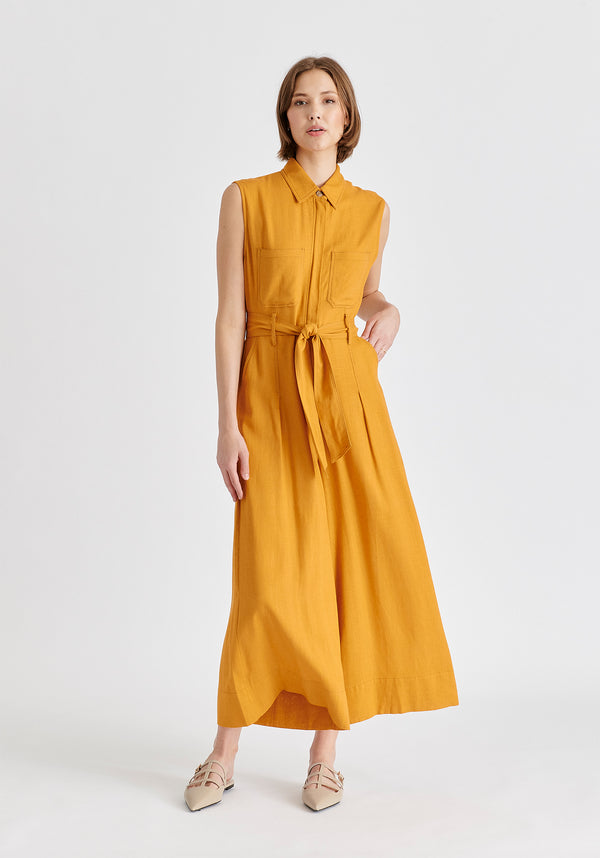 Linen Blend Jumpsuit with Stitch Details in Ochre Yellow
