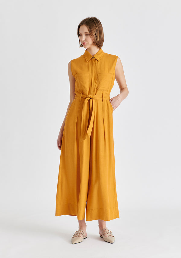 Linen Blend Jumpsuit with Stitch Details in Ochre Yellow Side