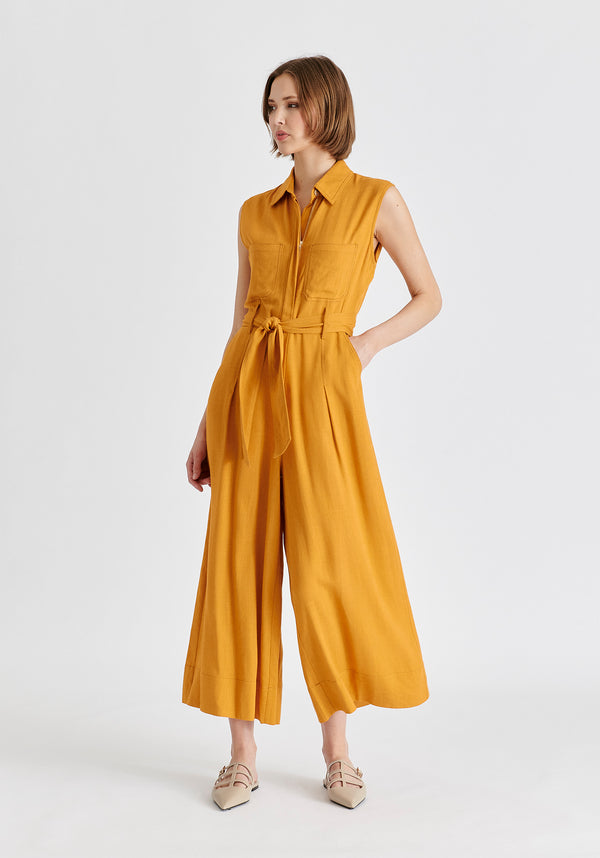 Linen Blend Jumpsuit with Stitch Details in Ochre Yellow Side