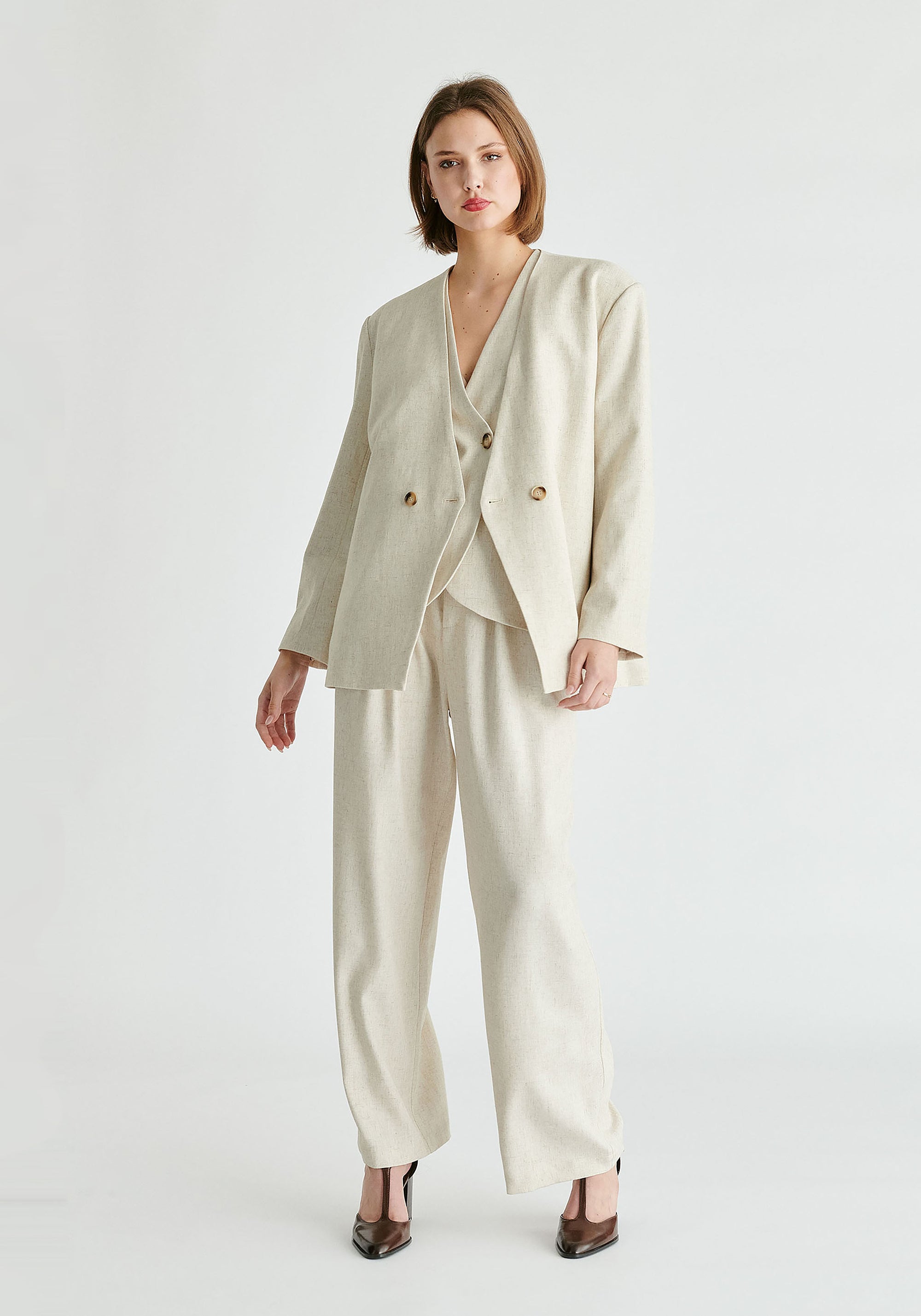 Drop Shoulder Double Breasted Blazer in Oatmeal