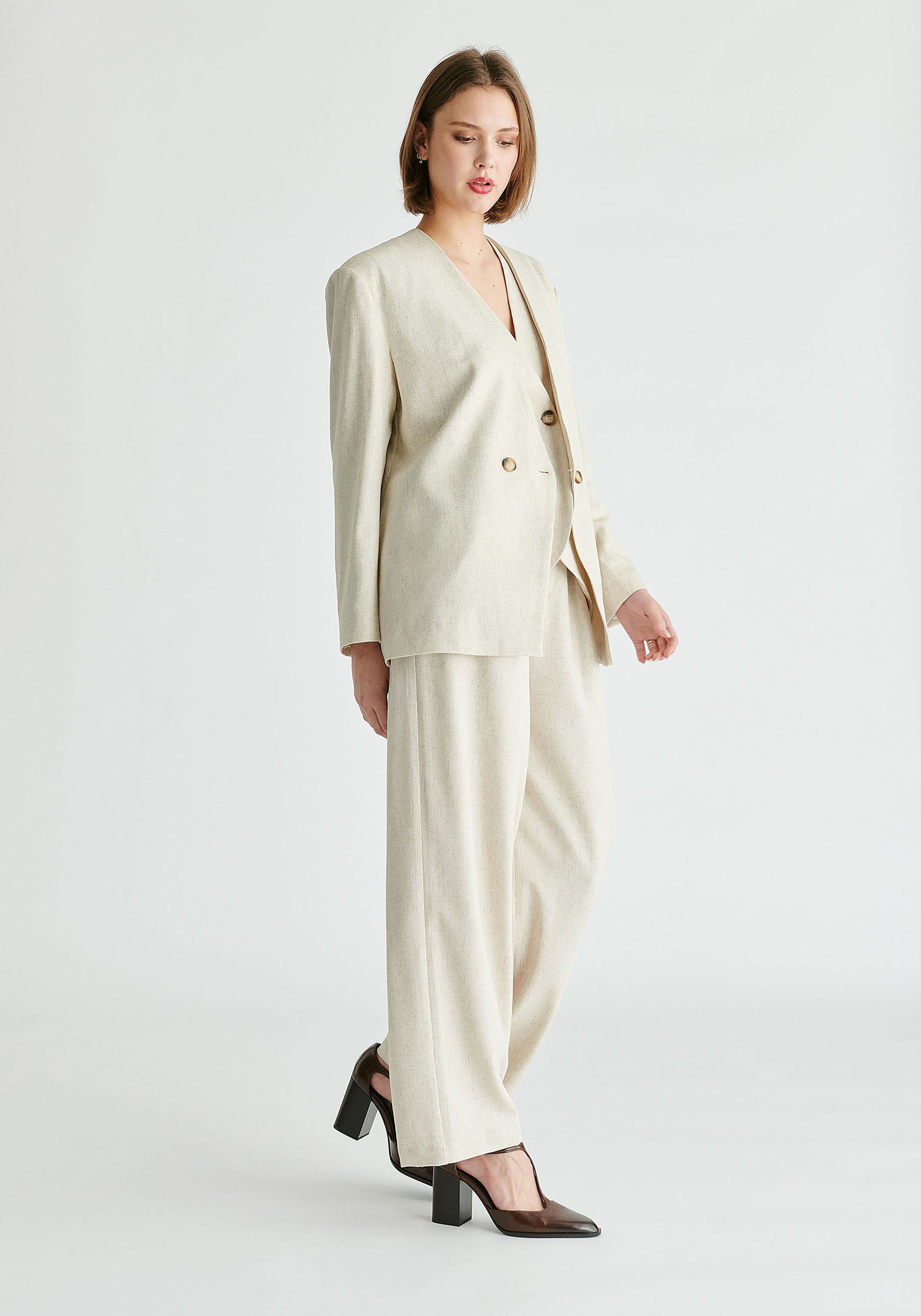 Drop Shoulder Double Breasted Blazer in Oatmeal Side