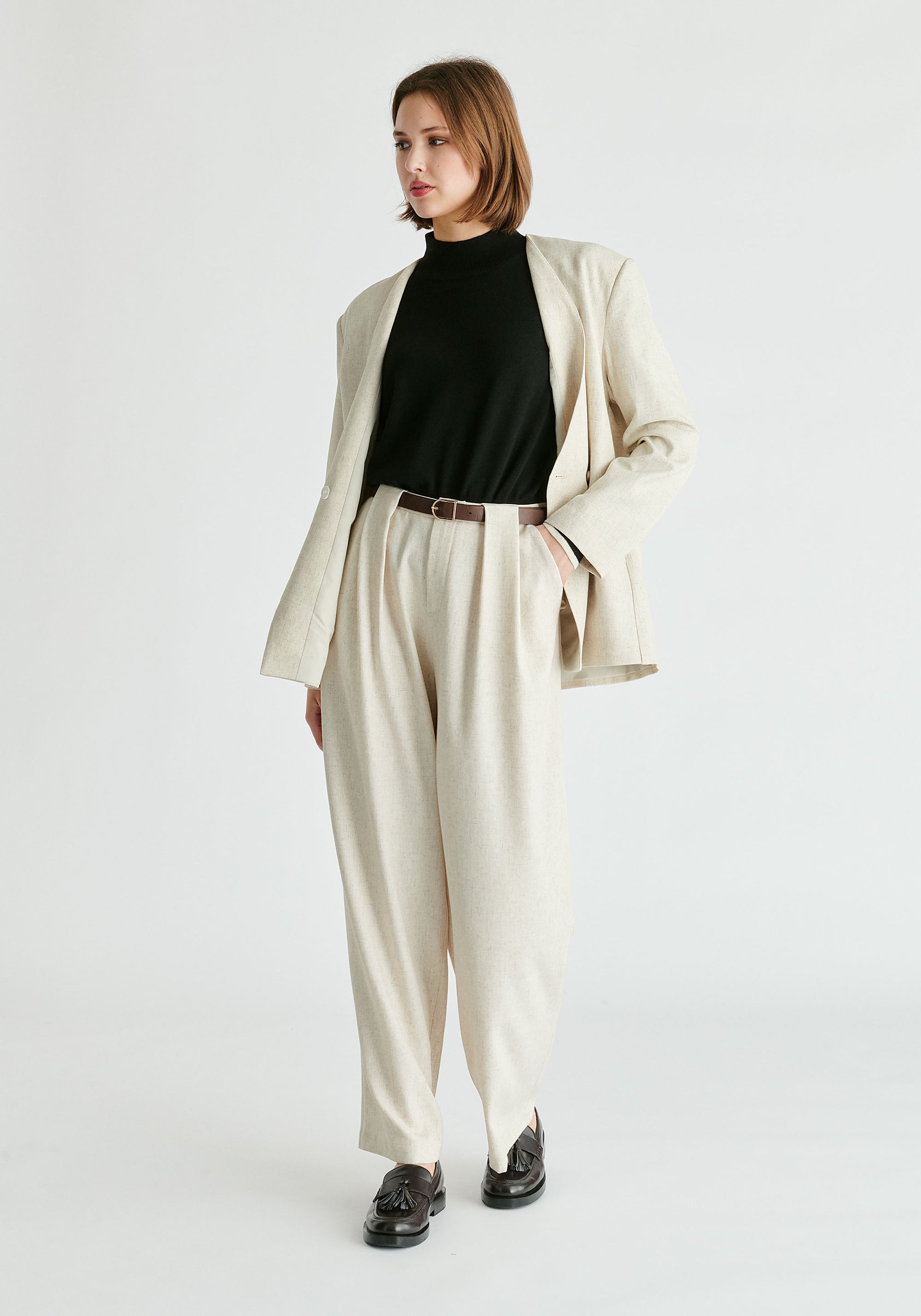 Drop Shoulder Double Breasted Blazer in Oatmeal Front