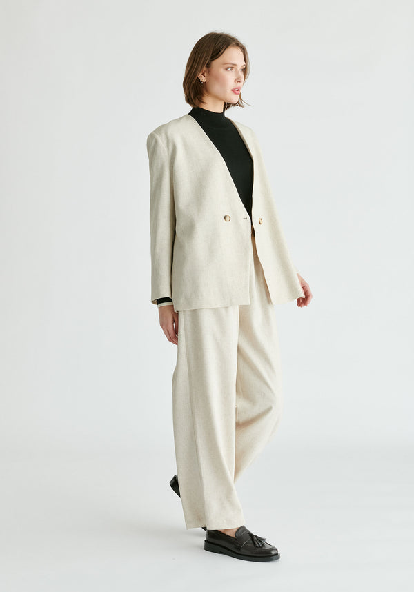 Drop Shoulder Double Breasted Blazer in Oatmeal Side