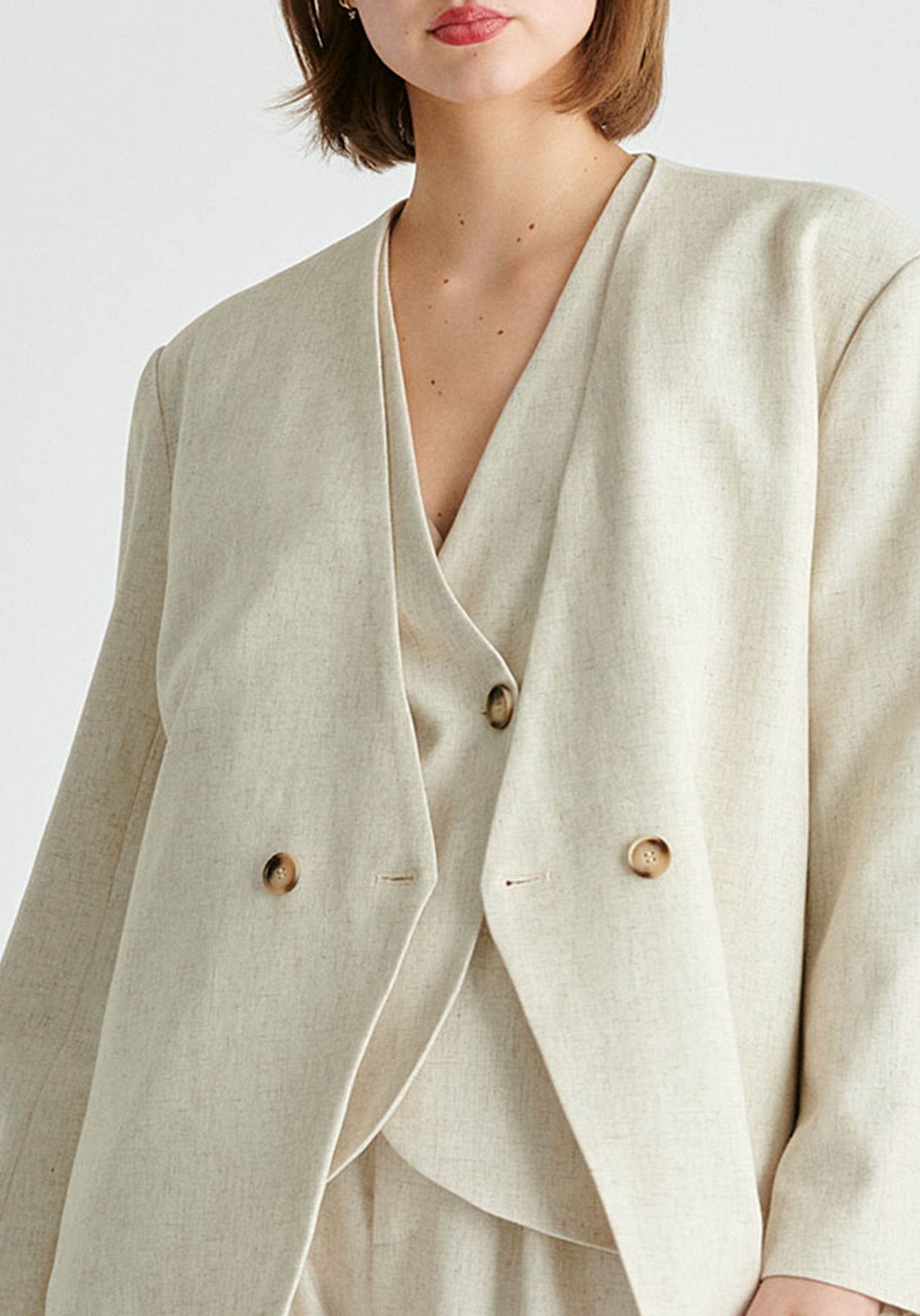 Drop Shoulder Double Breasted Blazer in Oatmeal Closeup
