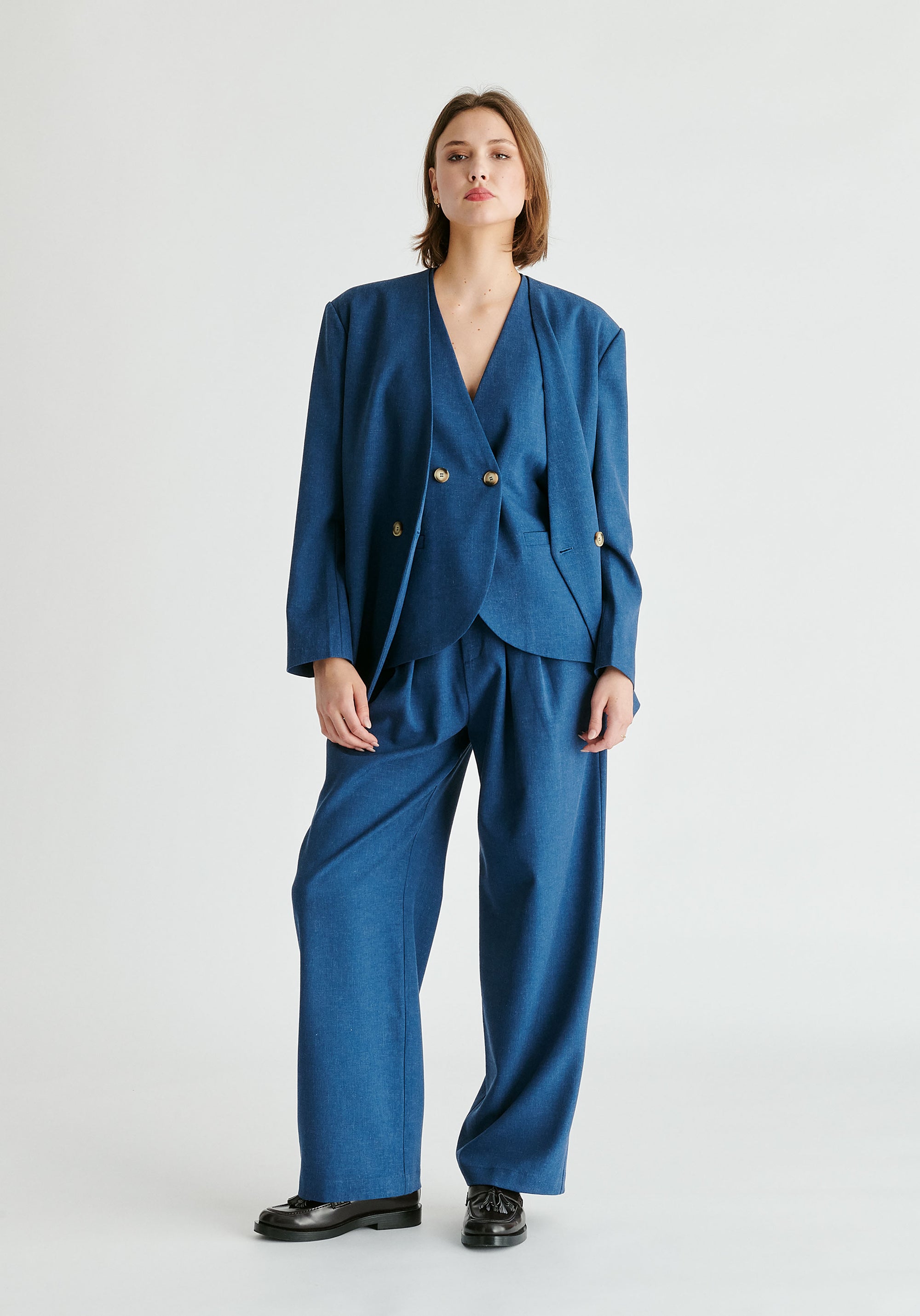 Drop Shoulder Double Breasted Blazer in Denim Blue