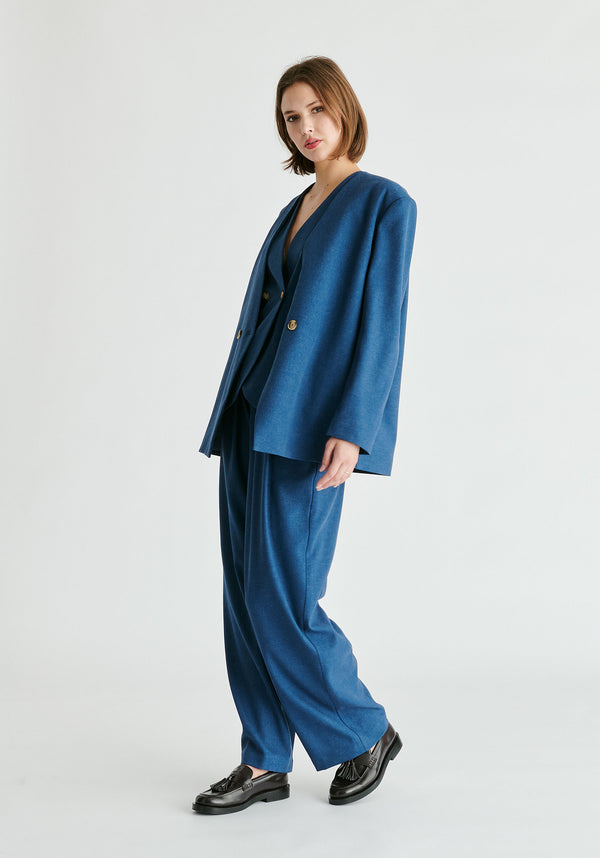 Drop Shoulder Double Breasted Blazer in Denim Blue Side