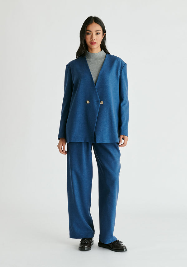Drop Shoulder Double Breasted Blazer in Denim Blue Front
