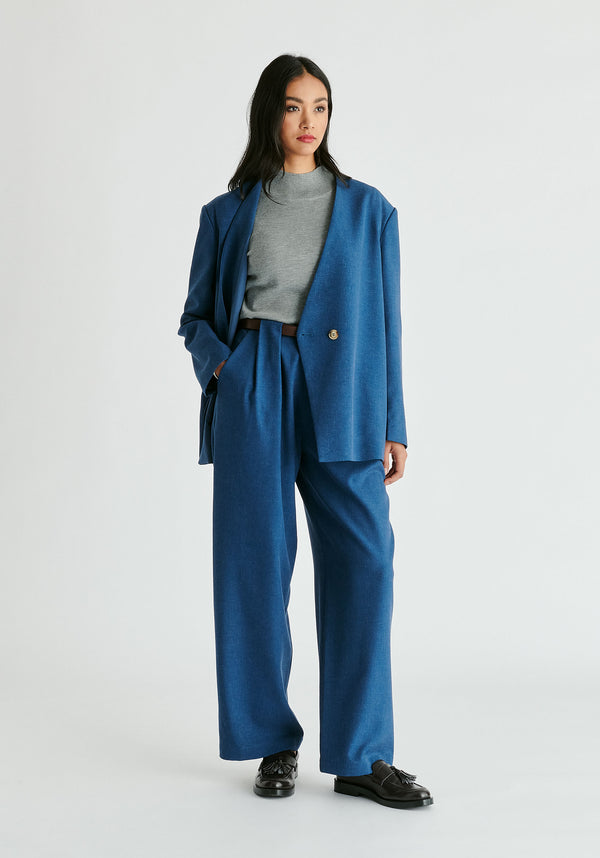 Drop Shoulder Double Breasted Blazer in Denim Blue Front
