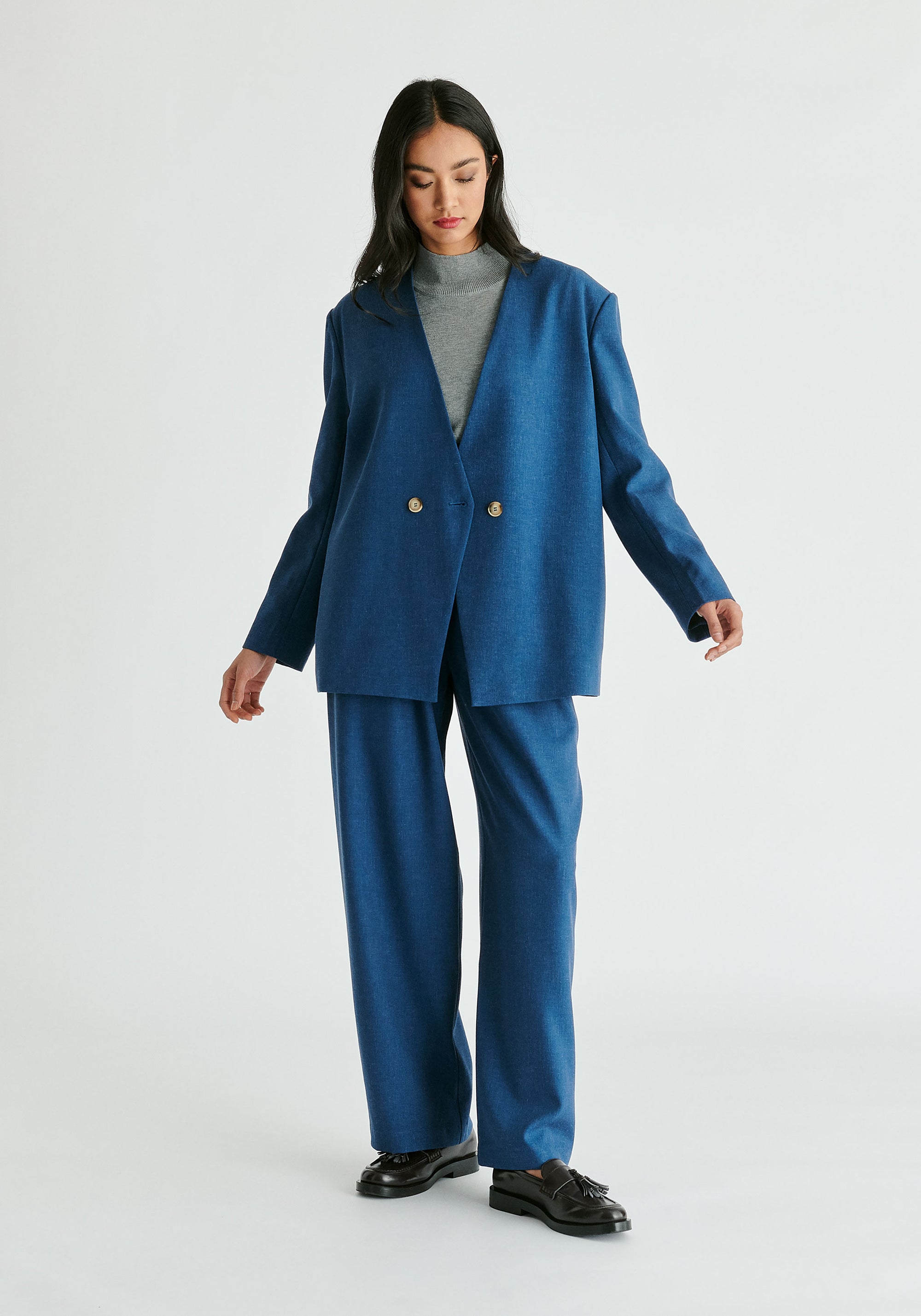 Drop Shoulder Double Breasted Blazer in Denim Blue Front