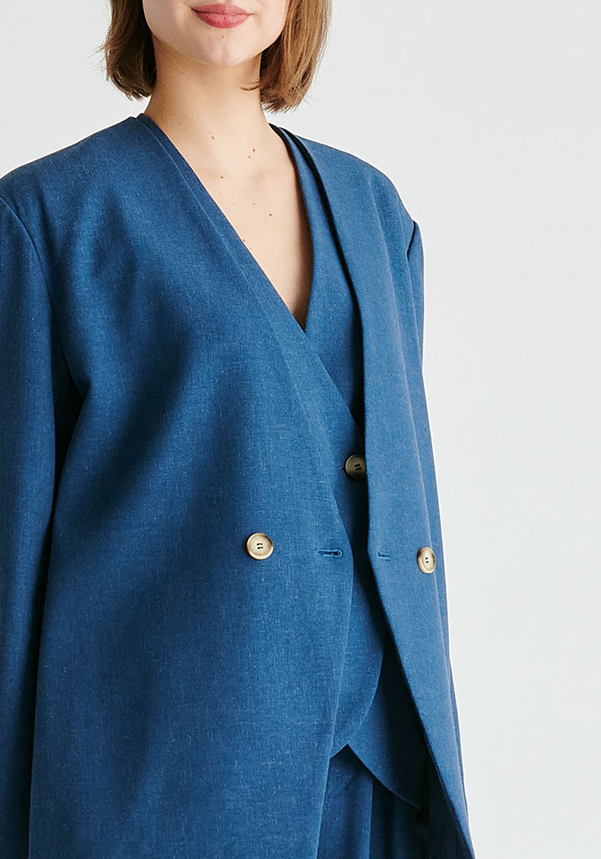 Drop Shoulder Double Breasted Blazer in Denim Blue Closeup