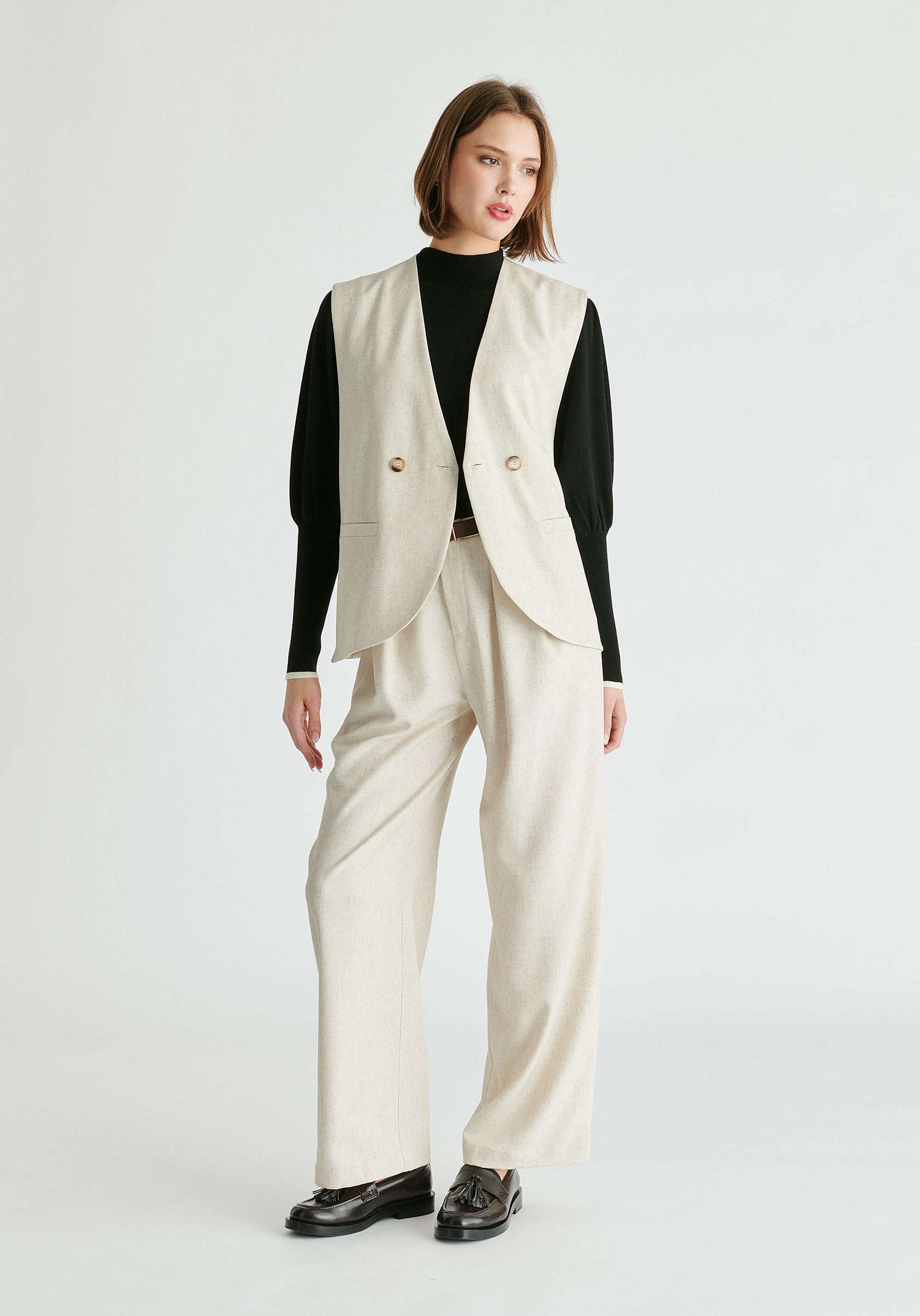 Side Buttoned Longline Waistcoat in Oatmeal