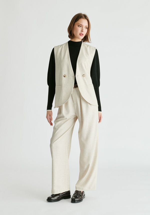 Side Buttoned Longline Waistcoat in Oatmeal