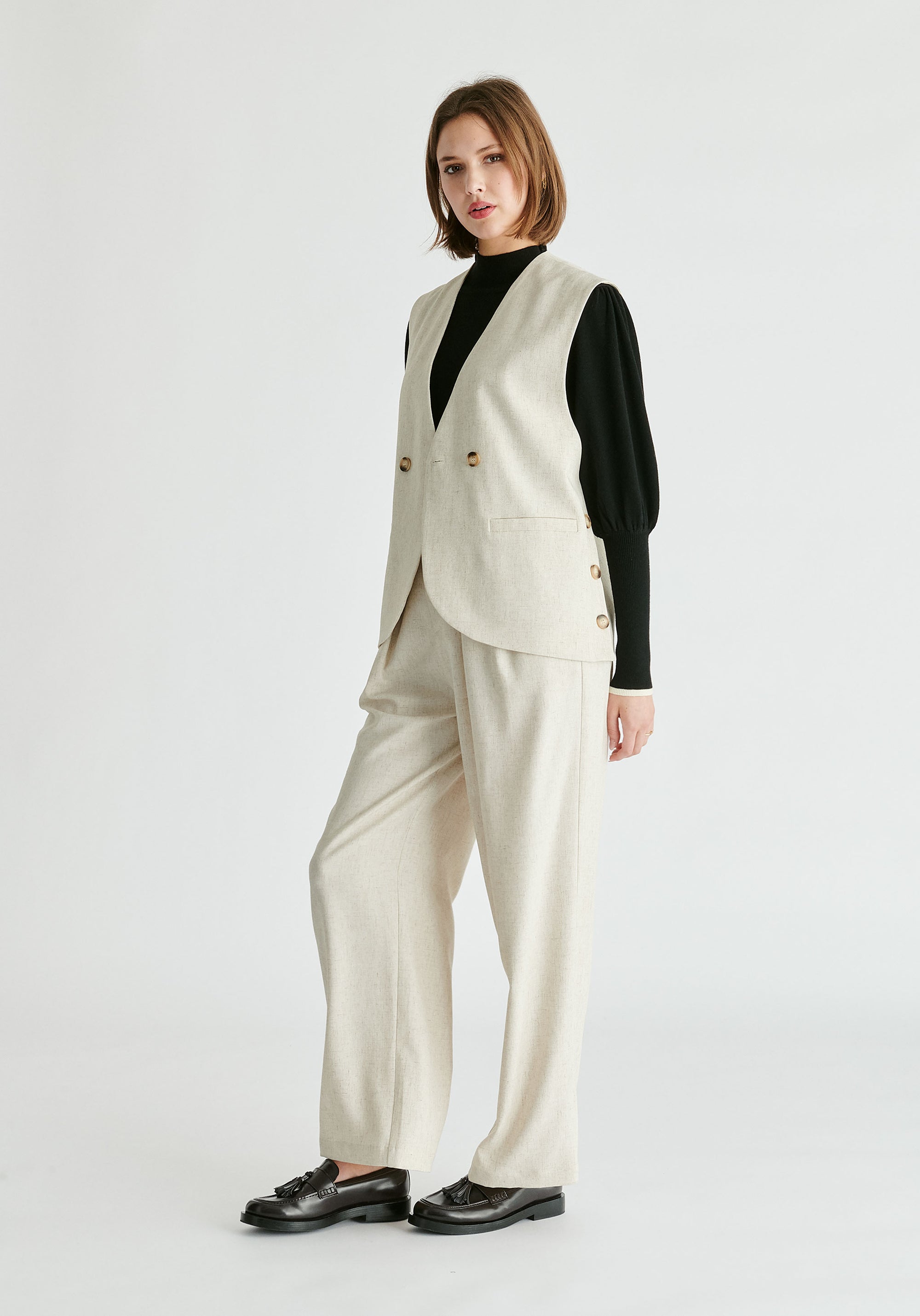 Side Buttoned Longline Waistcoat in Oatmeal Side