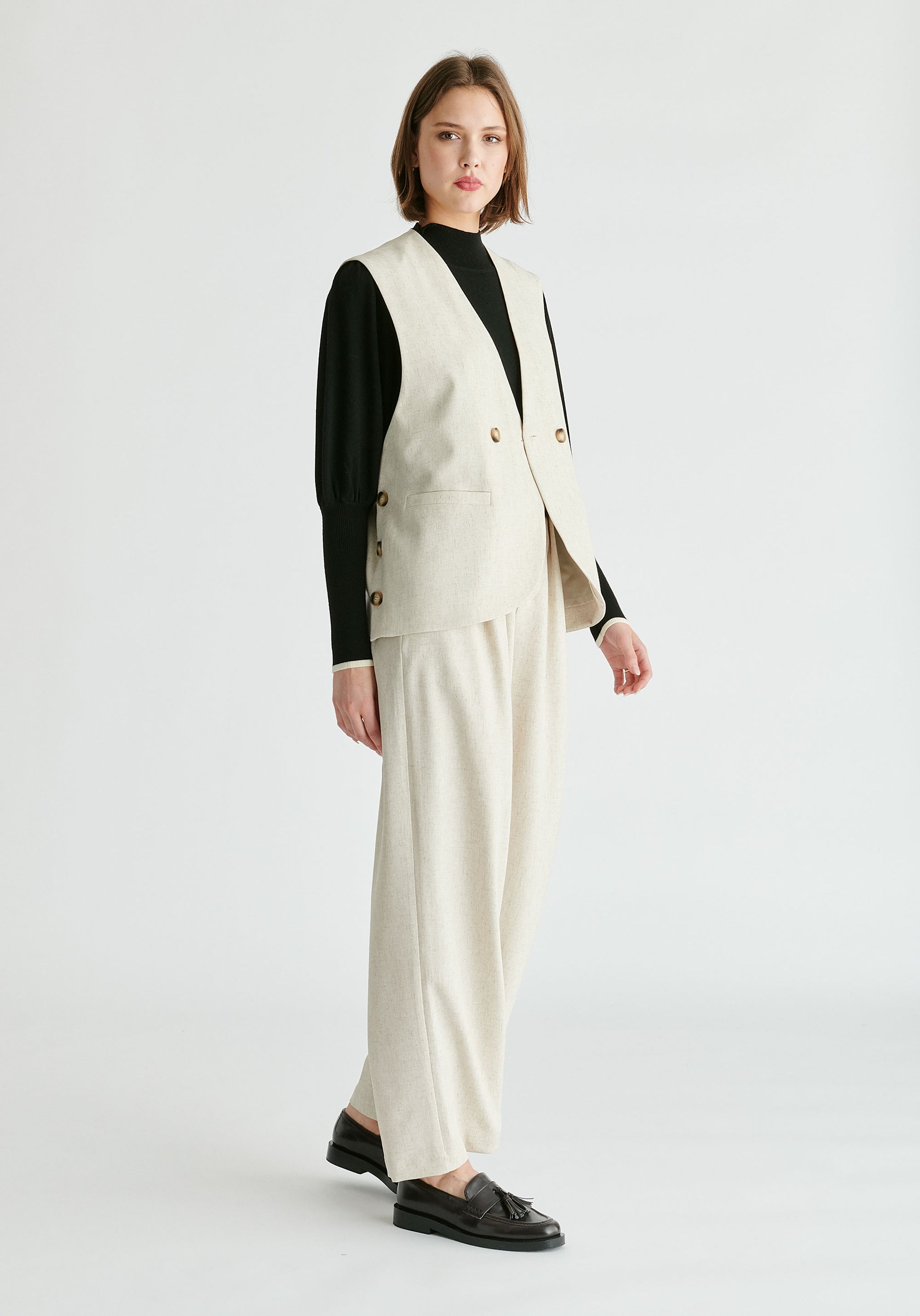 Side Buttoned Longline Waistcoat in Oatmeal Side