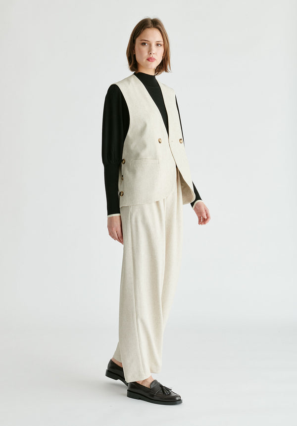 Side Buttoned Longline Waistcoat in Oatmeal Side