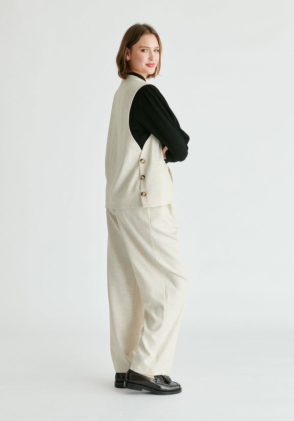 Side Buttoned Longline Waistcoat in Oatmeal Side
