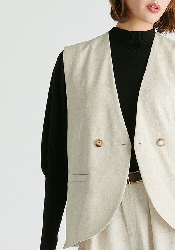 Side Buttoned Longline Waistcoat in Oatmeal Closeup
