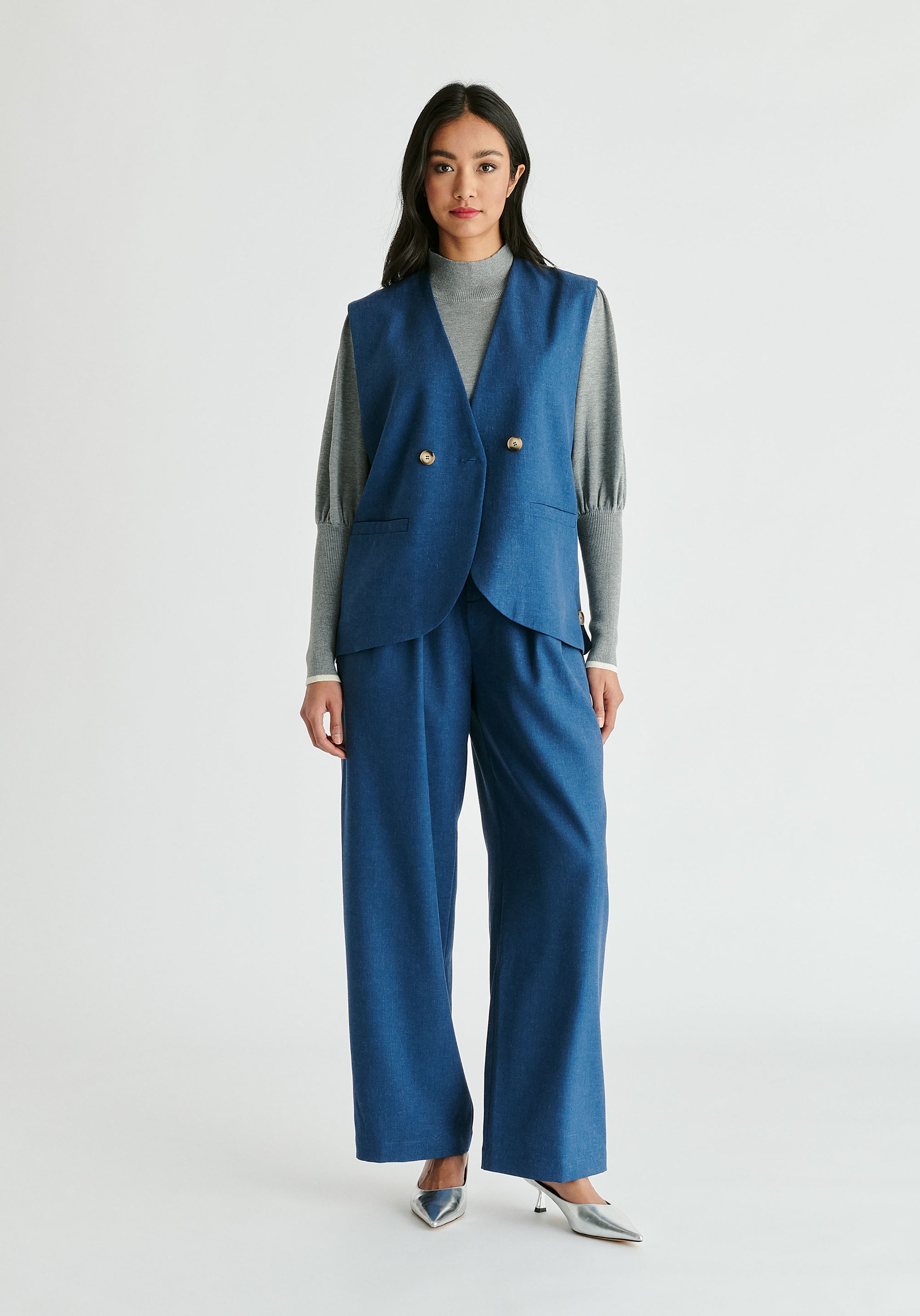 Side Buttoned Longline Waistcoat in Denim Blue Front