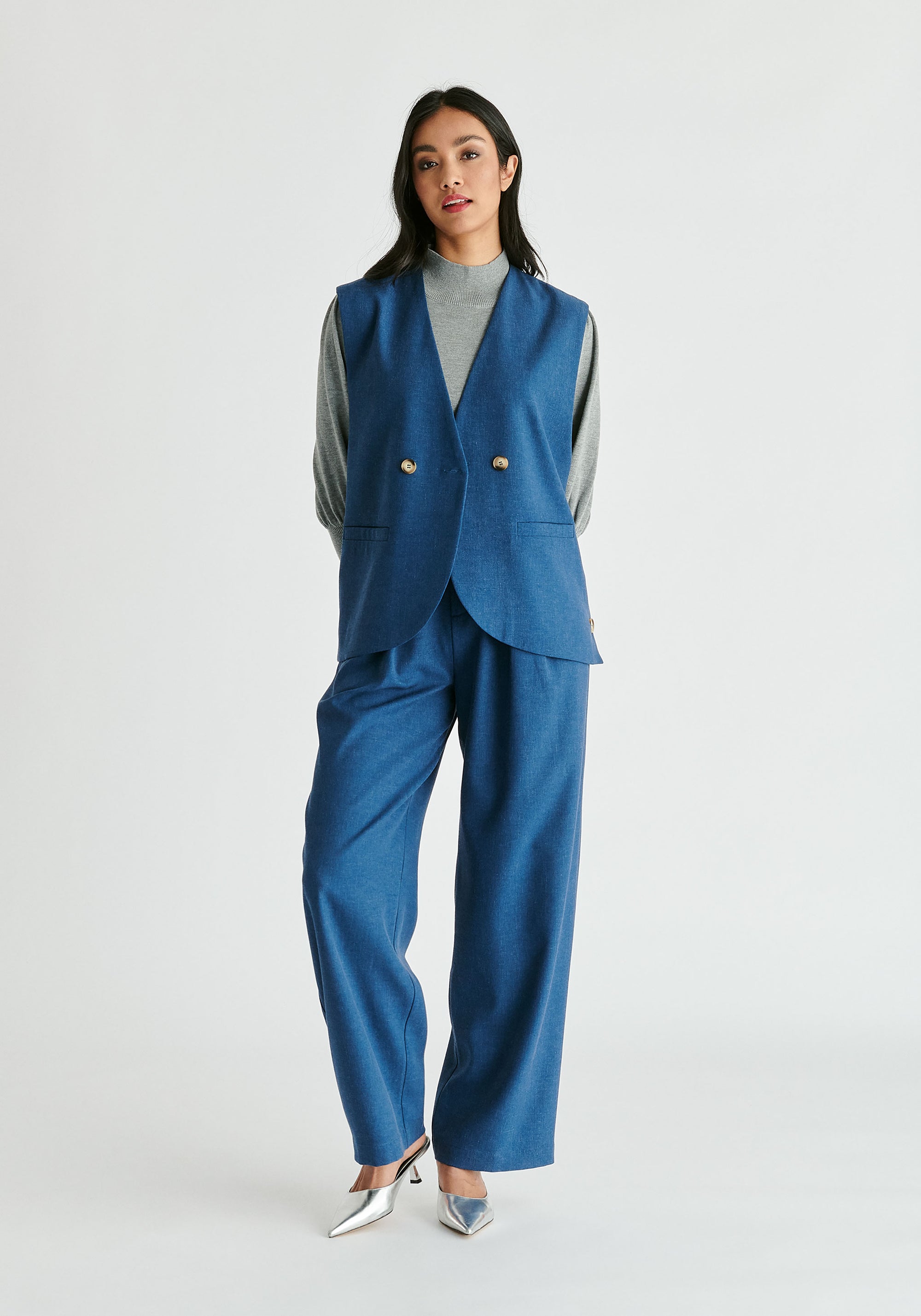 Side Buttoned Longline Waistcoat in Denim Blue Front