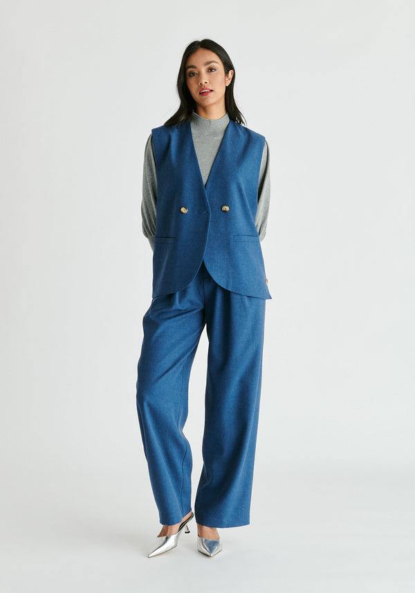 Side Buttoned Longline Waistcoat in Denim Blue Front