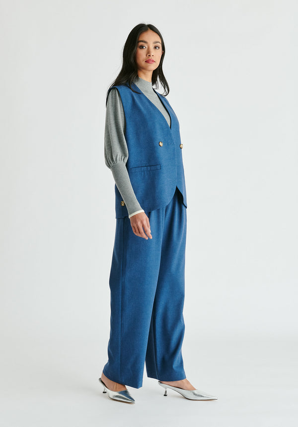 Side Buttoned Longline Waistcoat in Denim Blue Side