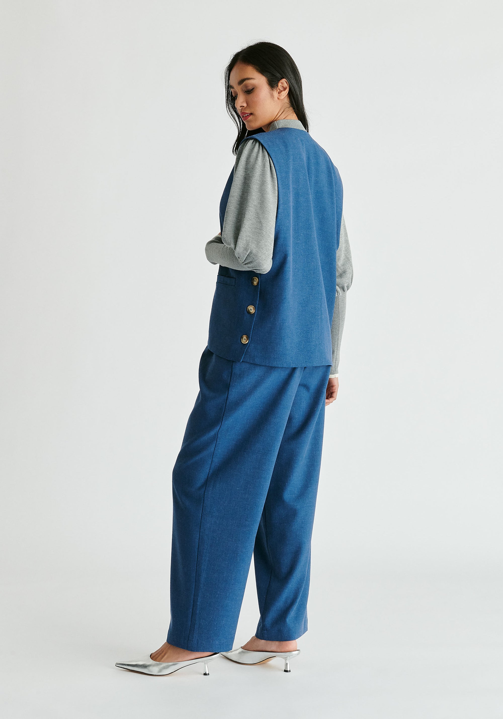 Side Buttoned Longline Waistcoat in Denim Blue Side