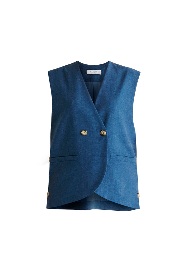 Side Buttoned Longline Waistcoat in Denim Blue Cutout