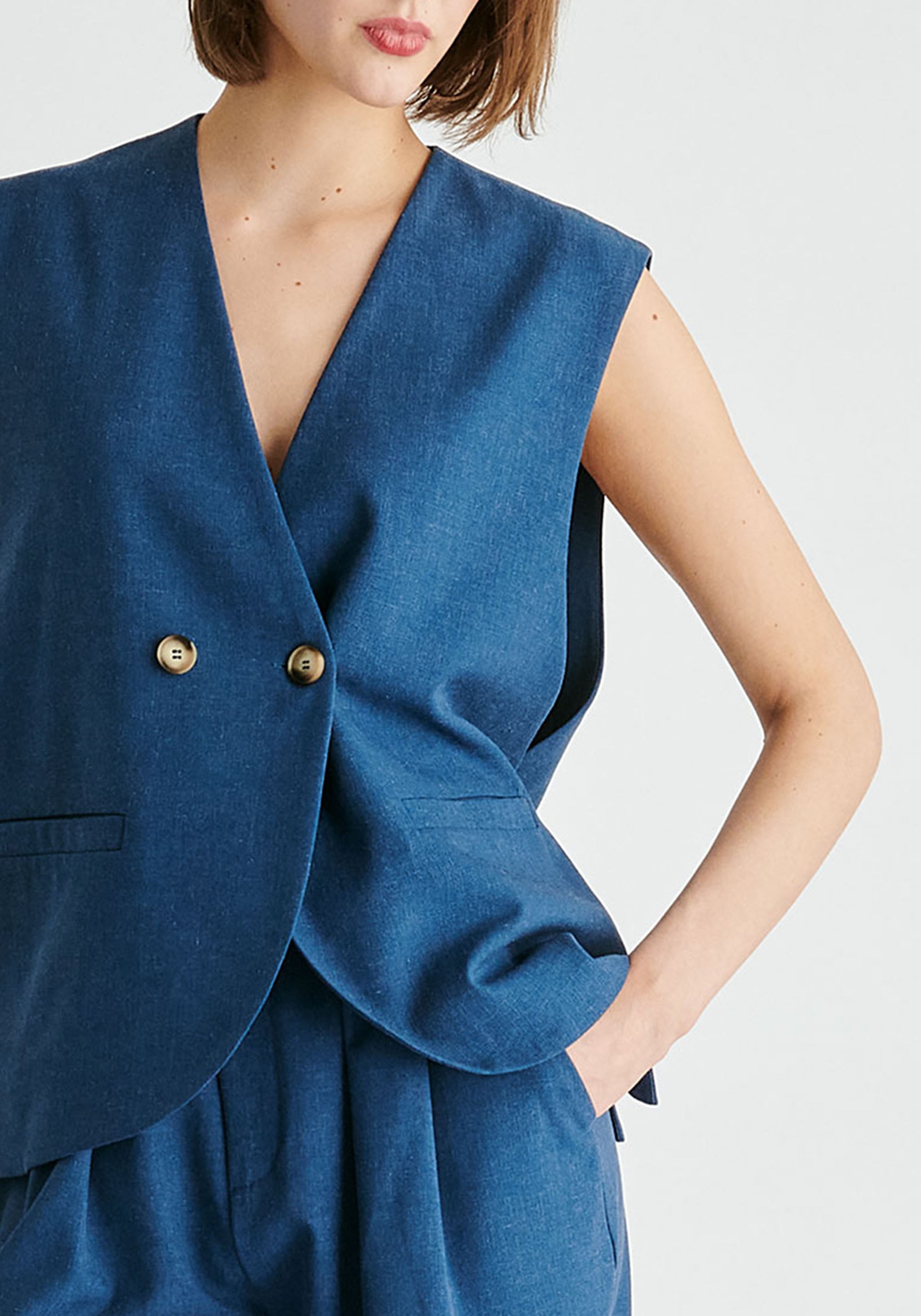 Side Buttoned Longline Waistcoat in Denim Blue Close up