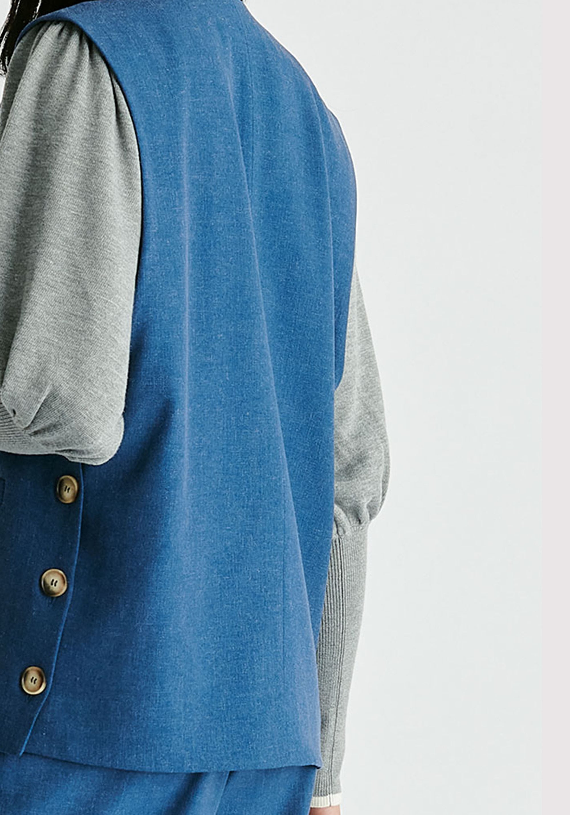 Side Buttoned Longline Waistcoat in Denim Blue Close up