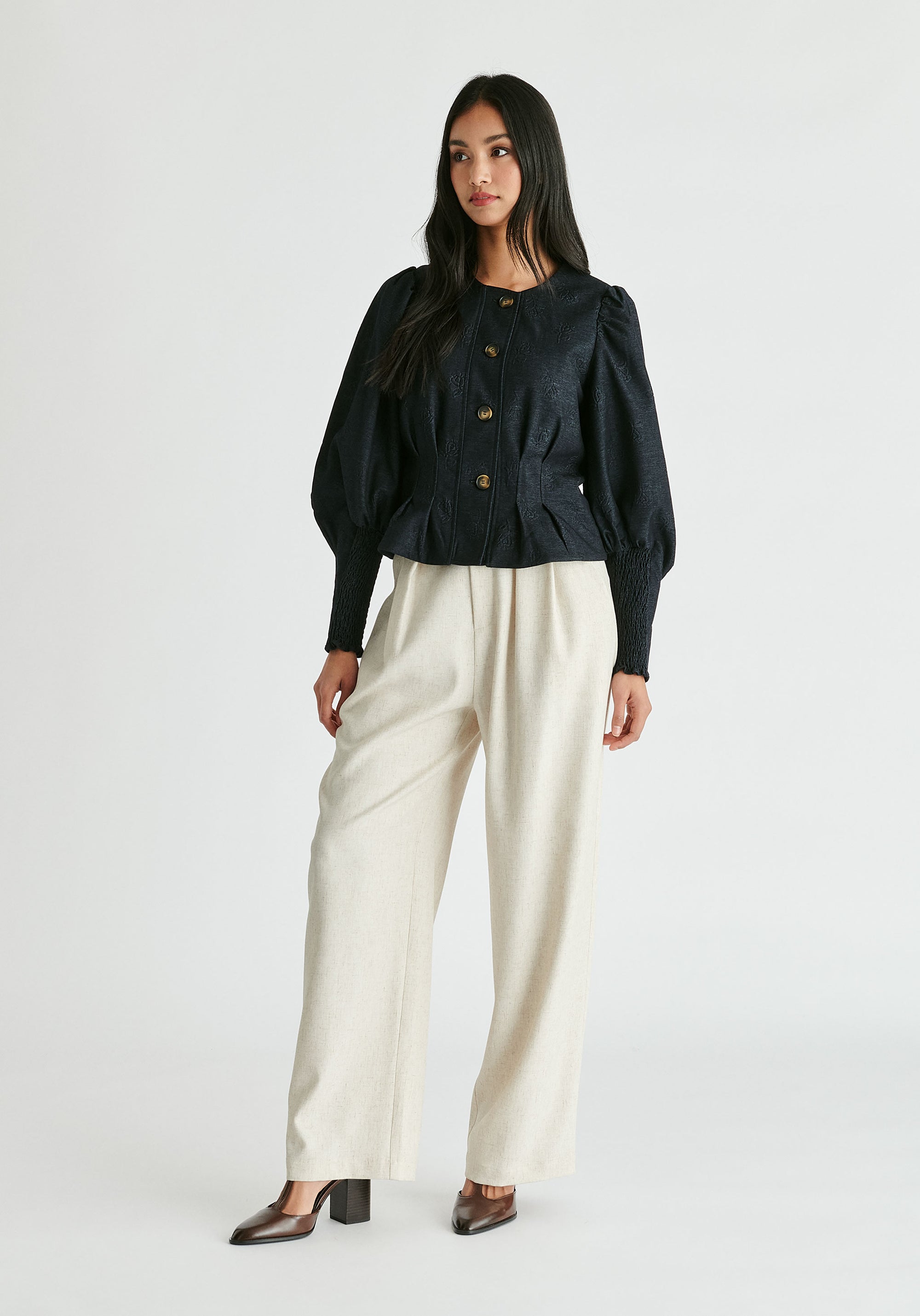 Denim Effect Jacket in Embossed Print in Dark Denim Blue