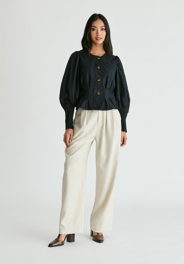 Denim Effect Jacket in Embossed Print in Dark Denim Blue Front