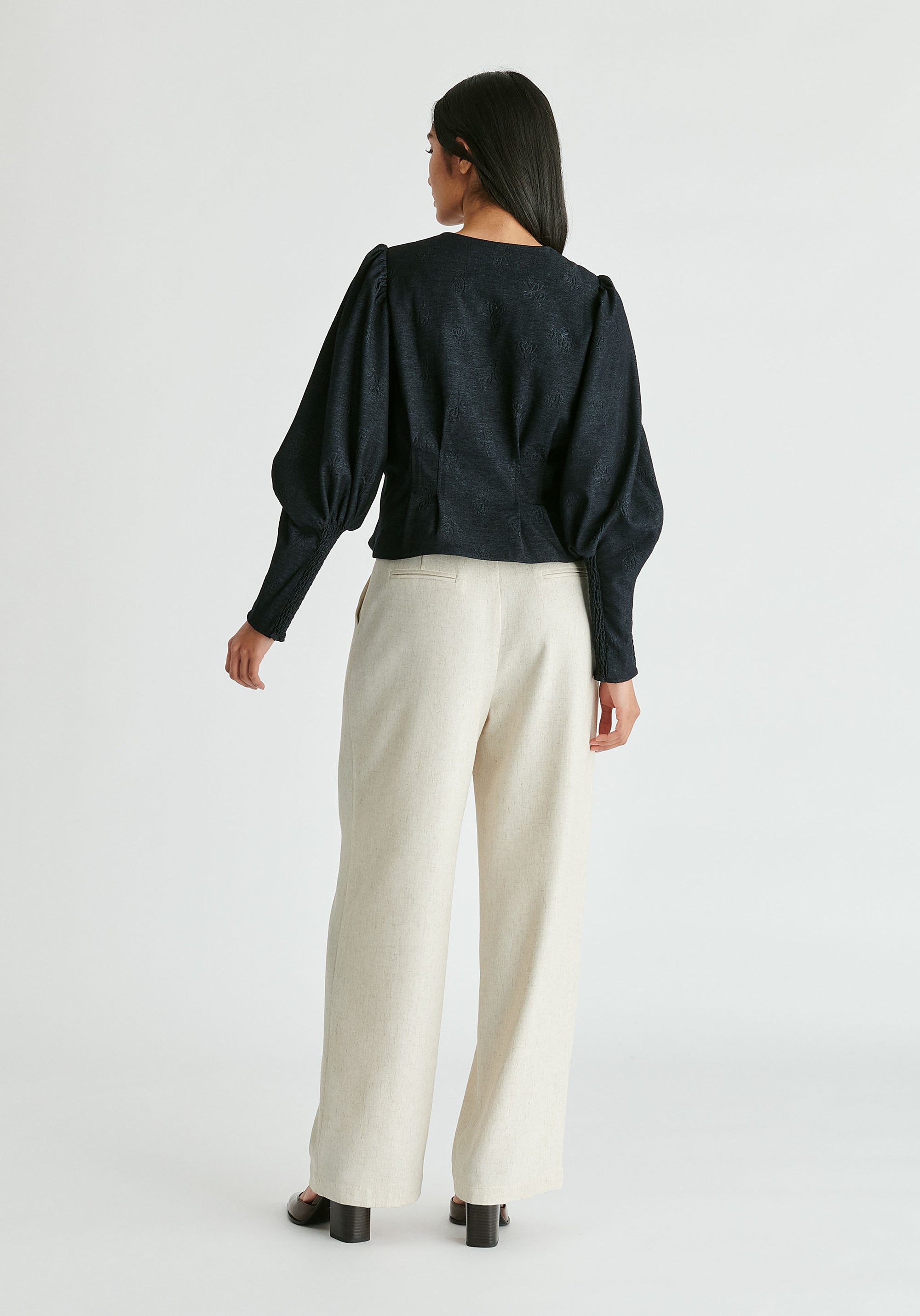 Denim Effect Jacket in Embossed Print in Dark Denim Blue Back