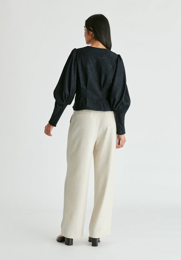 Denim Effect Jacket in Embossed Print in Dark Denim Blue Back