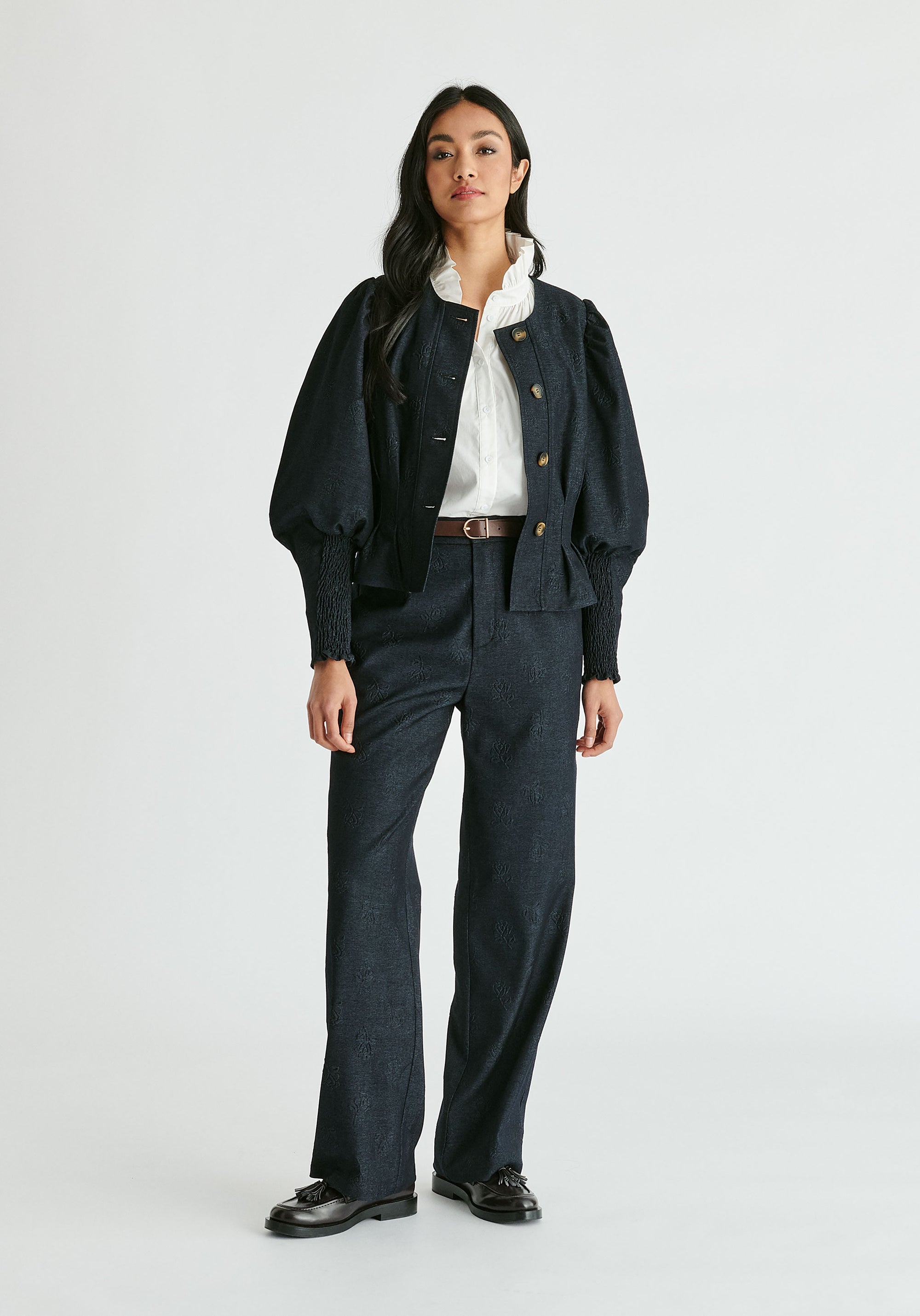 Denim Effect Jacket in Embossed Print in Dark Denim Blue Front