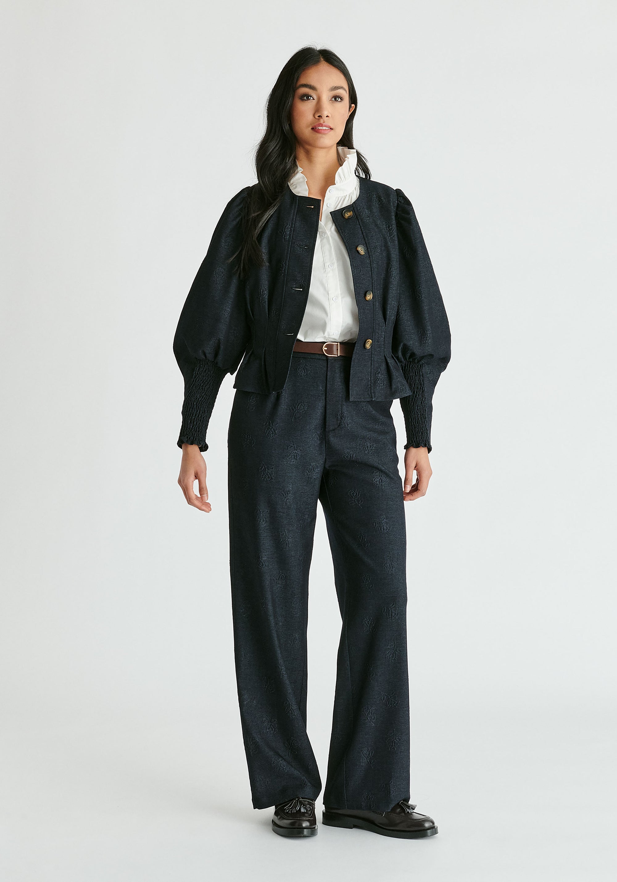 Denim Effect Jacket in Embossed Print in Dark Denim Blue Front