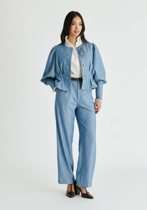 Denim Effect Jacket in Embossed Print in Light Denim Blue