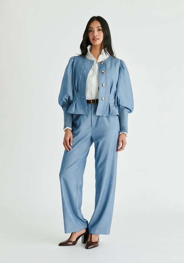 Denim Effect Jacket in Embossed Print in Light Denim Blue Front