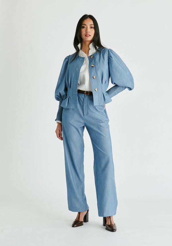 Denim Effect Jacket in Embossed Print in Light Denim Blue Front