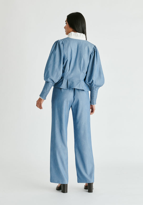 Denim Effect Jacket in Embossed Print in Light Denim Blue Back