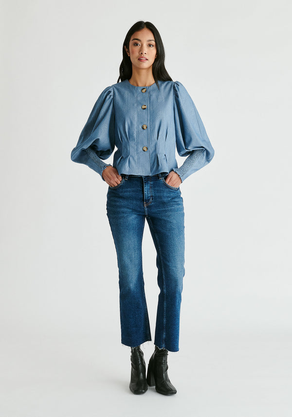 Denim Effect Jacket in Embossed Print in Light Denim Blue Front