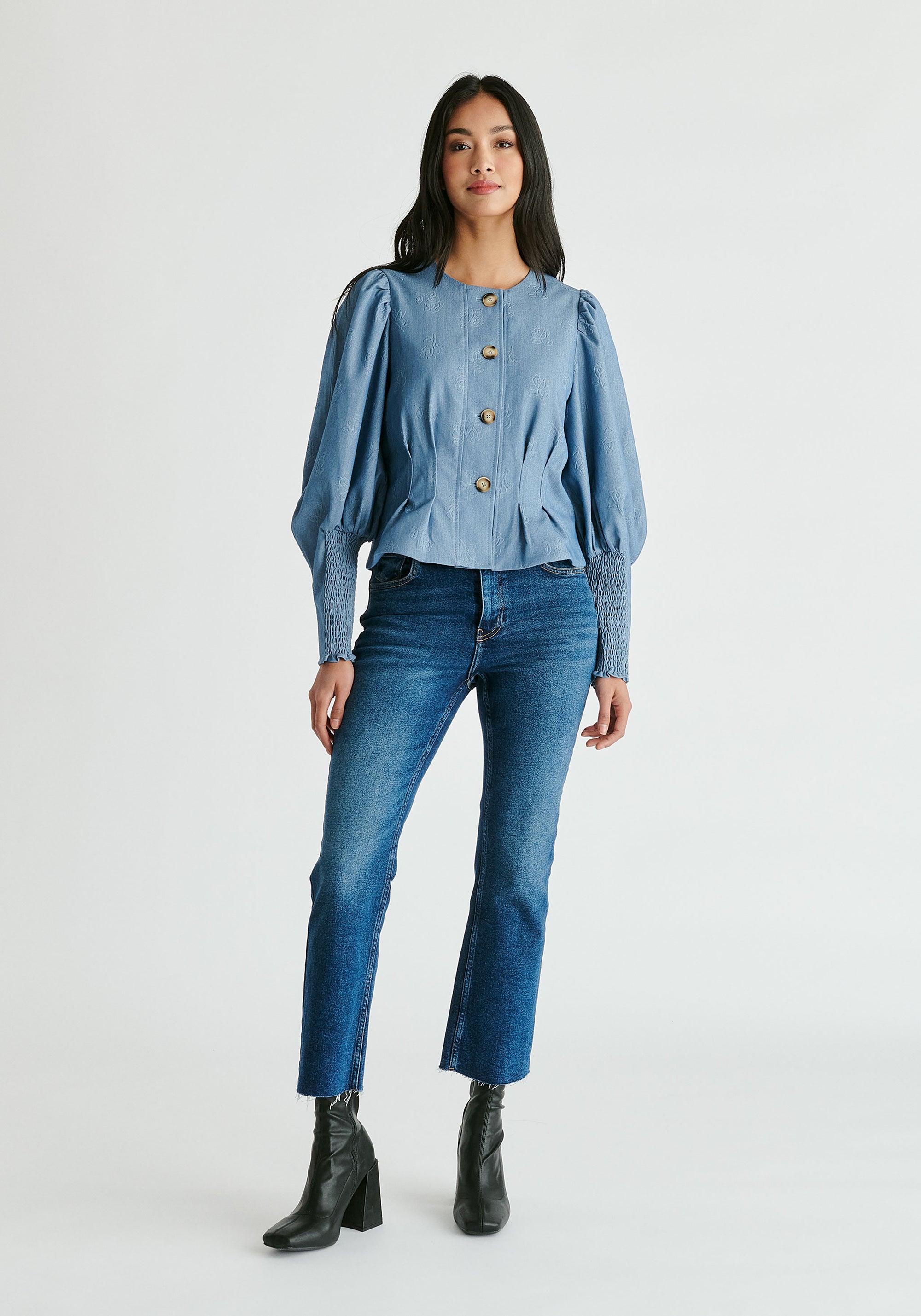 Denim Effect Jacket in Embossed Print in Light Denim Blue Front