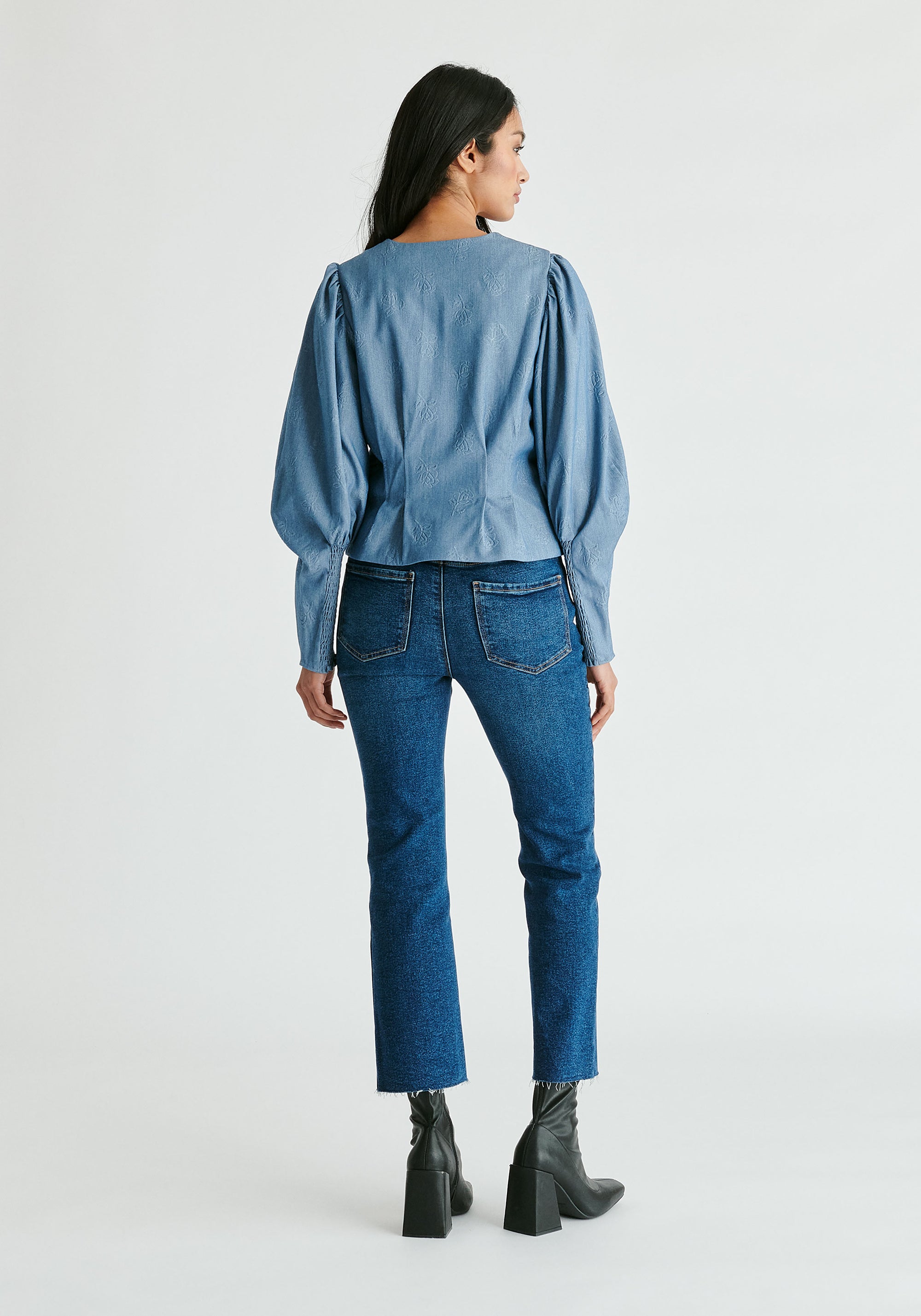 Denim Effect Jacket in Embossed Print in Light Denim Blue Back