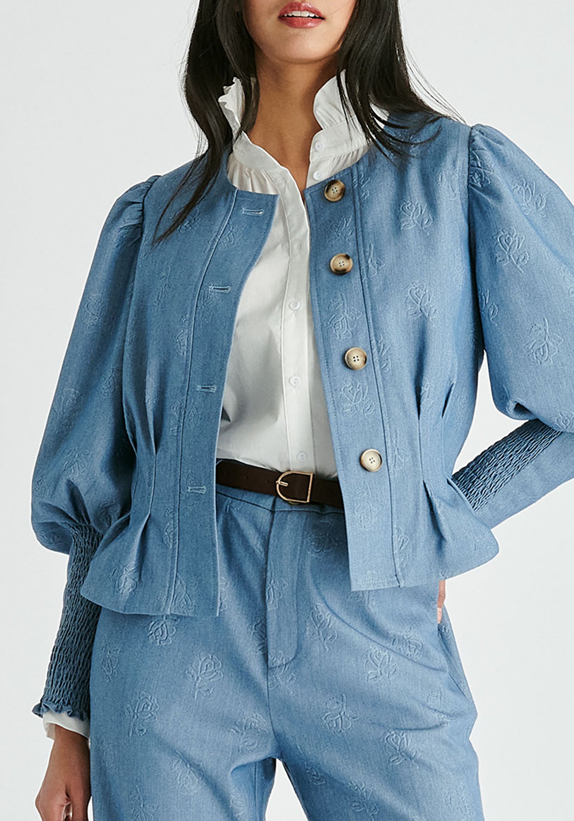 Denim Effect Jacket in Embossed Print in Light Denim Blue Closeup