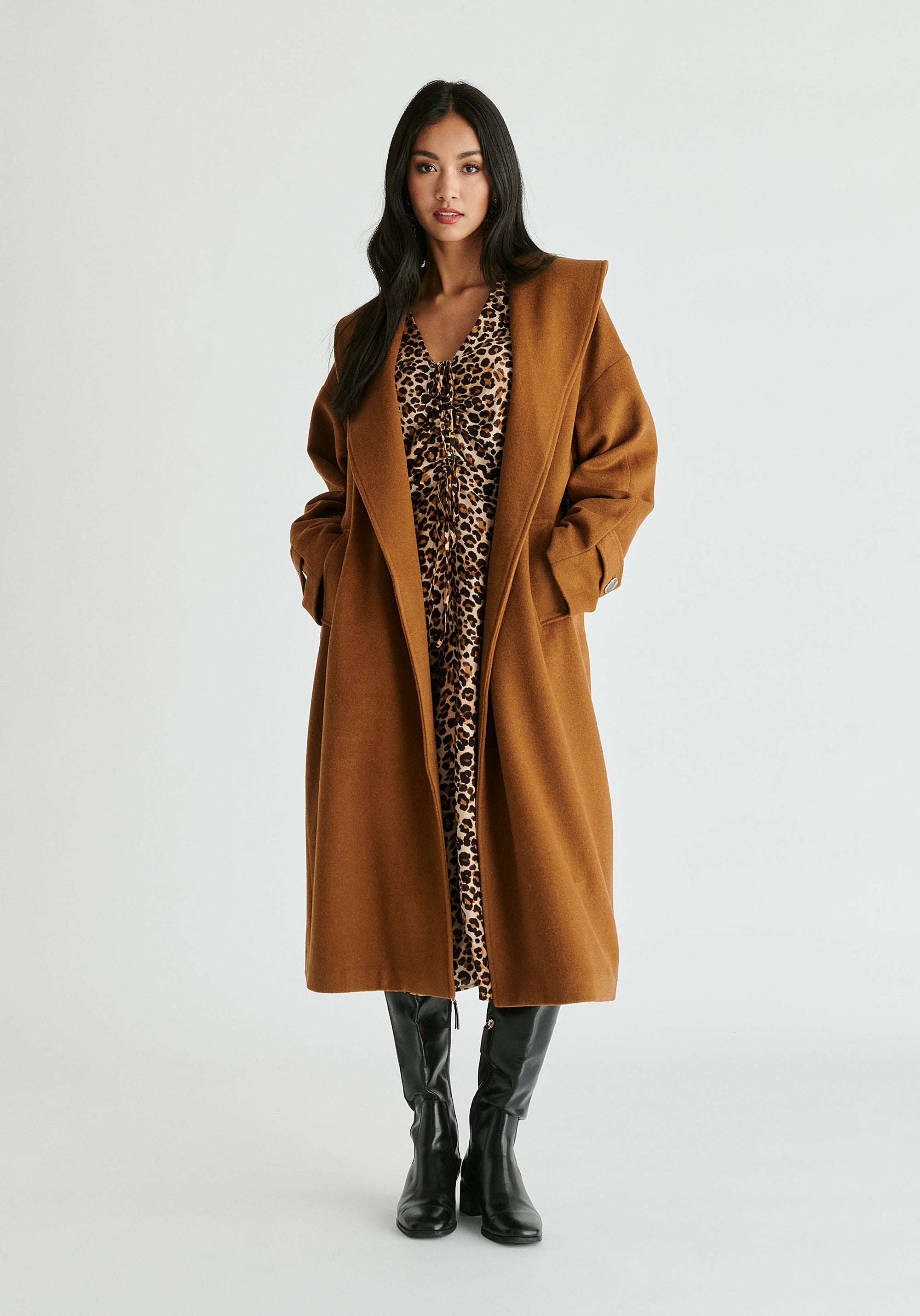 Shawl Collar Wool Coat with Belt in Camel
