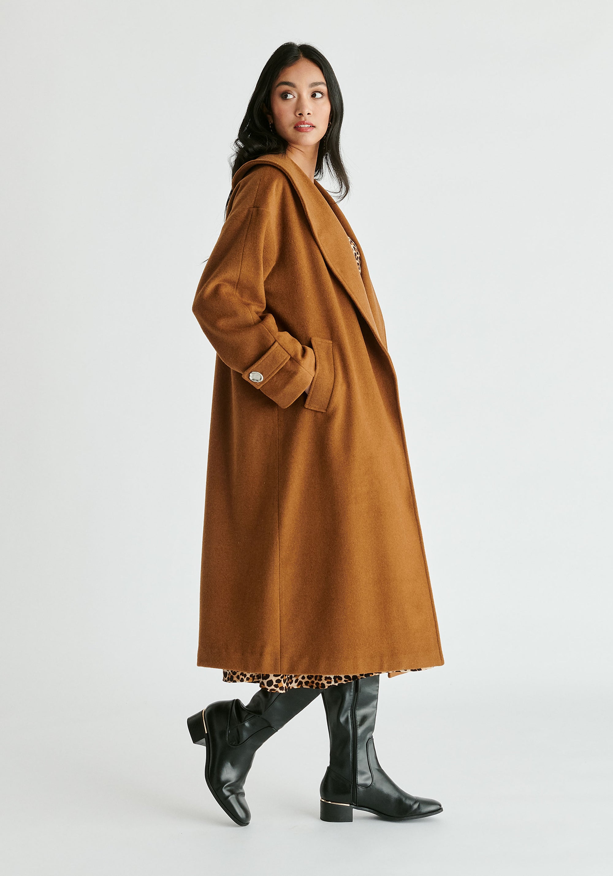 Shawl Collar Wool Coat with Belt in Camel Side