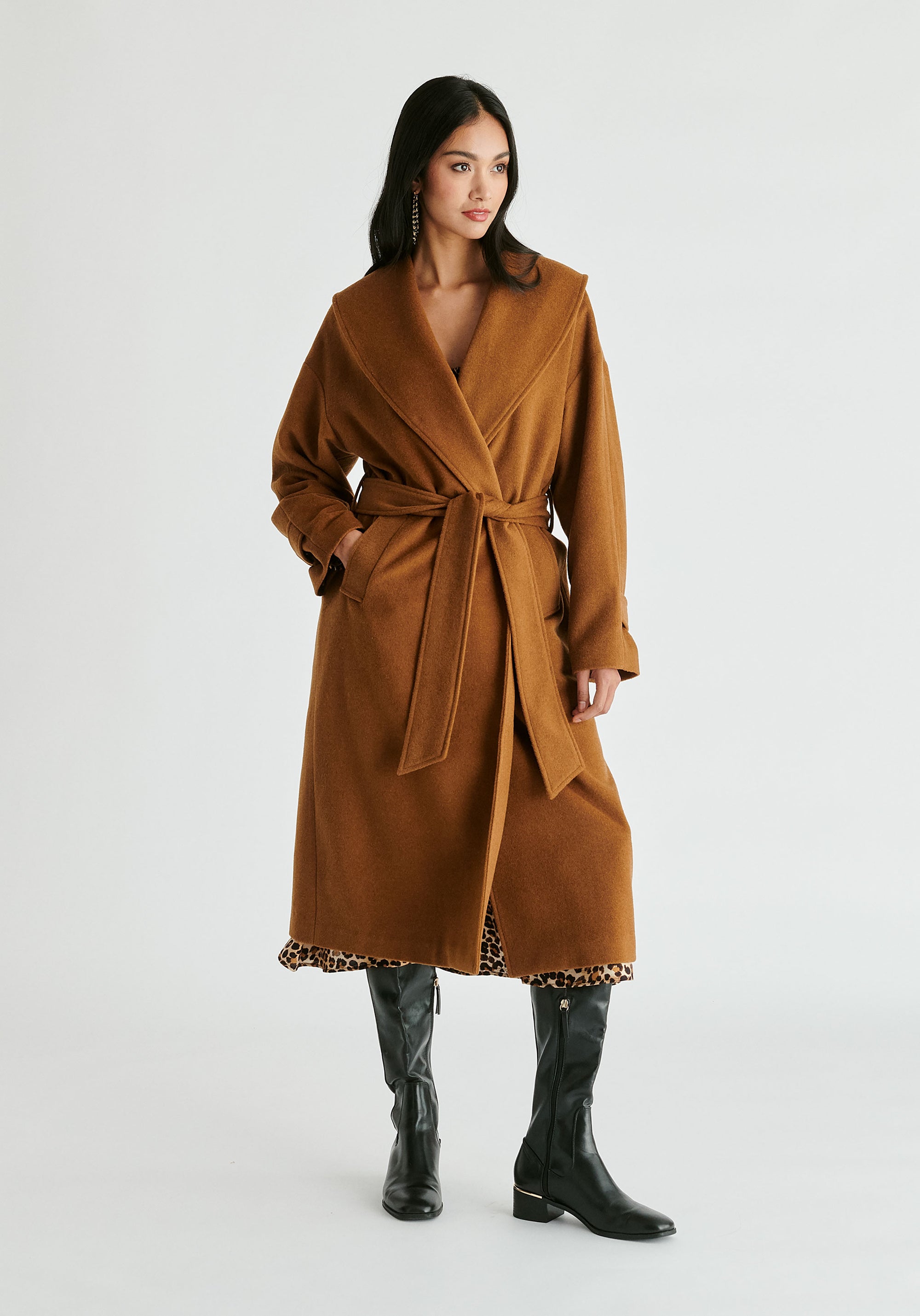 Shawl Collar Wool Coat with Belt in Camel Front