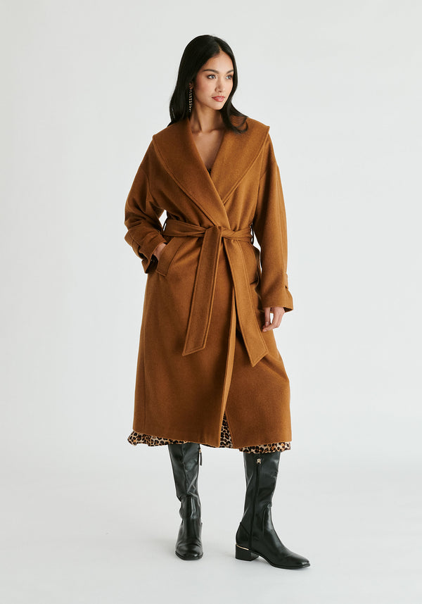 Shawl Collar Wool Coat with Belt in Camel Front