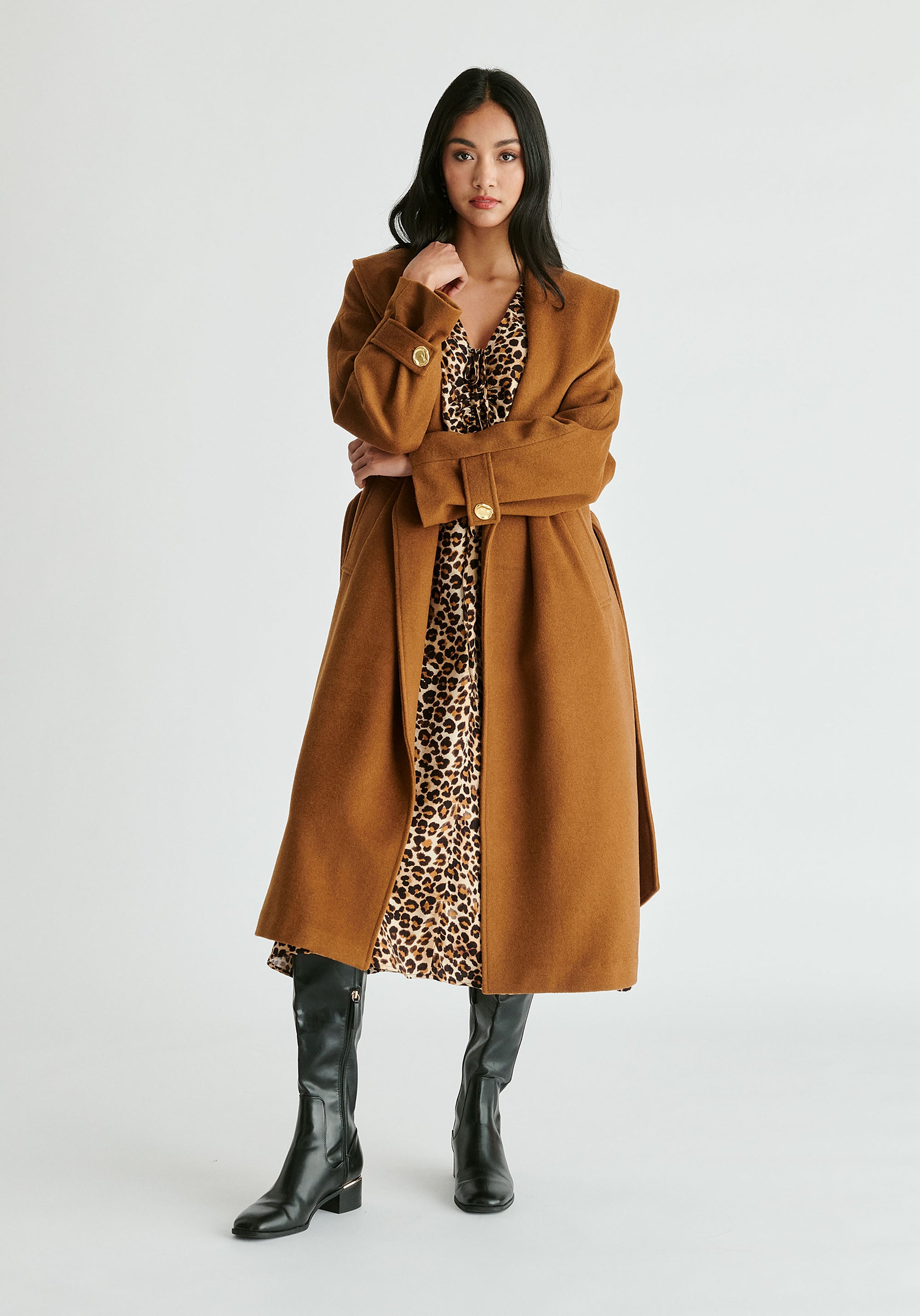 Shawl Collar Wool Coat with Belt in Camel Front