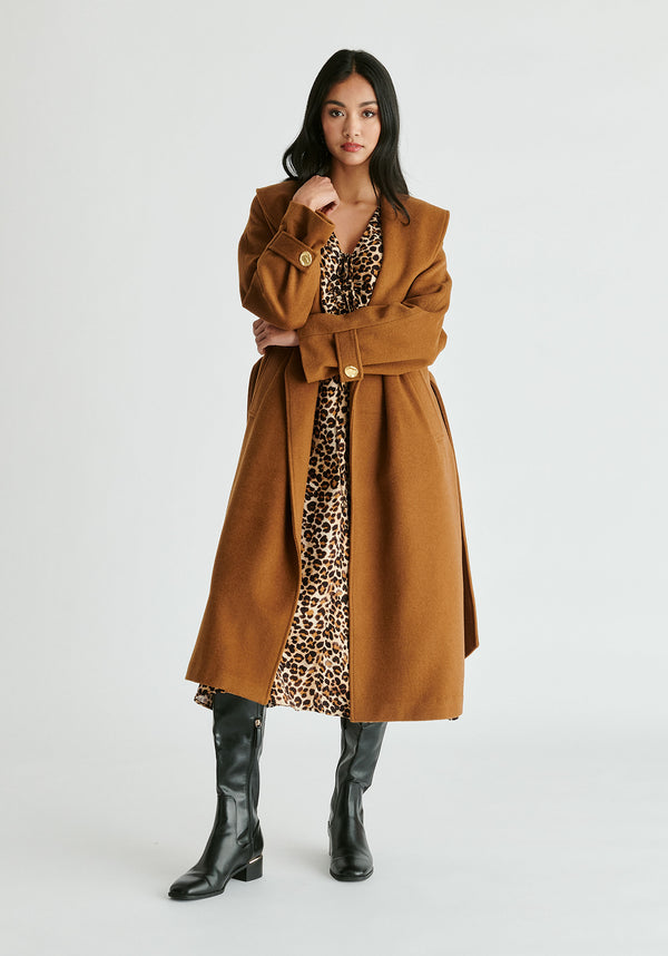 Shawl Collar Wool Coat with Belt in Camel Front