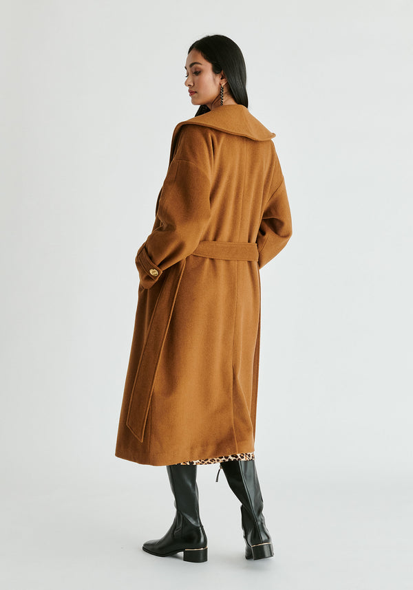 Shawl Collar Wool Coat with Belt in Camel Back